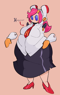 accessory antenna_wire armless belly big_belly big_breasts black_bottomwear black_clothing black_skirt blue_eyes bottomwear breasts cheek_spots clothing cuff_links directional_arrow eye_through_hair eyelashes fair_skin female floating_hands footwear hair hair_accessory hairclip high_heels machine mouthless necktie not_furry overweight overweight_female overweight_humanoid pencil_skirt pink_background pink_hair red_clothing red_footwear red_high_heels red_necktie screw shoes simple_background skirt solo suit text translucent translucent_hair white_clothing white_suit yellow_hands laseybobasey kirby_(series) nintendo susie_(kirby) humanoid robot robot_humanoid 2025 english_text hi_res portrait