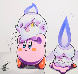 ambiguous_gender blue_eyes colored_fire duo emanata eyes_closed fire holding_another lying motion_lines on_front one_eye_obstructed open_mouth pink_body purple_fire simple_background standing_on_another white_body yellow_eyes 025aki kirby_(series) nintendo pokemon kirby animate_inanimate generation_5_pokemon litwick pokemon_(species) waddling_head 2026 absurd_res dated hi_res signature