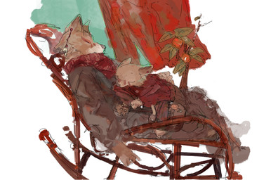 5_fingers anthro clothed clothing ear_piercing ear_ring facial_markings female fingers food fruit fur head_markings leaf markings musical_instrument piercing plant plucked_string_instrument pointy_ears ring_piercing rocking_chair scarf simple_background sleeping string_instrument white_background young meimei_(steam_artist) laika_aged_through_blood laika_(laika_aged_through_blood) puppy_(laika_aged_through_blood) canid canine canis coyote mammal colored hi_res sketch