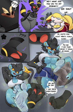 anthro anthrofied athletic_wear big_breasts big_butt big_ears big_tail black_body black_eyes black_fur blue_body blue_bottomwear blue_clothing blue_fur blue_shorts bodily_fluids bottomwear breasts brown_clothing brown_panties brown_underwear bubble_butt butt butt_focus clothing clothing_transformation crying feet female foot_focus footwear fur grey_clothing grey_topwear gym gym_bottomwear gym_equipment gym_shorts gym_uniform huge_butt inanimate_transformation machine magic no_socks panties pants pink_bottomwear pink_clothing pink_pupils pink_shorts pink_topwear pupils purple_eyes red_bottomwear red_clothing red_eyes red_pupils red_shorts revenge scared shirt shorts smelly smile sock_transformation socks speech_bubble stink_fumes struggling surprised sweat sweatdrop sweaty_body sweaty_butt sweaty_feet tail tank_top tears text thought_bubble tired tongue tongue_out topwear torn_clothing torn_footwear torn_socks transformation treadmill underwear underwear_transformation uniform white_body white_clothing white_fur white_shirt white_tank_top white_topwear yellow_body yellow_eyes yellow_fur yoga_pants blossonflower nintendo pokemon alundra_(blossonflower) animate_inanimate braixen eeveelution generation_2_pokemon generation_4_pokemon generation_6_pokemon lopunny luxray pokemon_(species) umbreon absurd_res artist_name comic english_text hi_res signature