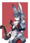 anthro armor bard blue_eyes fur furgonomics grey_body grey_fur harp kemono male musical_instrument navel plucked_string_instrument solo string_instrument unconvincing_armor 4040tinta lagomorph leporid mammal rabbit absurd_res hi_res