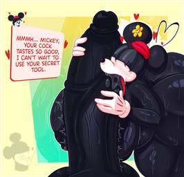 anthro big_breasts big_penis black_body breasts clothing duo female genitals hat headgear headwear huge_breasts huge_penis licking male male/female oral penile penis penis_lick sex text tongue vein veiny_penis rabbit5gamer disney mickey_mouse minnie_mouse mammal mouse murid murine rodent english_text hi_res