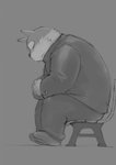 anthro bodily_fluids bottomwear clothing crying eyes_closed kemono male overweight overweight_anthro overweight_male pants shirt simple_background sitting solo tears topwear kita_9999 mekko_rarekko fukami_youhei canid canine canis domestic_dog mammal 2015 hi_res monochrome