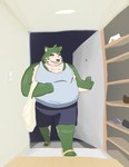 anthro belly bottomwear canid canine canis clothing domestic_dog eyebrows footwear fur green_body green_fur hi_res lifewonders live_a_hero male mammal mokdai moobs overweight oyabn1100000000 sandals shirt shoes shorts solo tank_top thick_eyebrows topwear