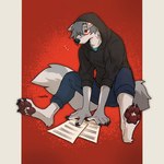 1:1 2021 anthro axontatsu barefoot black_nose bottomwear canid canine canis claws clothed clothing domestic_dog feet foush_(axontatsu) fur grey_body grey_fur grey_hair hair hair_over_eye hi_res hoodie male mammal multicolored_body multicolored_fur one_eye_obstructed pants paper pawpads red_eyes signature sitting solo toe_claws topwear white_body white_fur