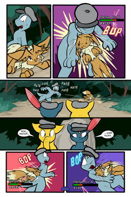 4_fingers 6_panel_comic ambiguous_gender attack biped black_nose black_text blue_body blue_text brown_body brown_fur brown_hair brown_text clenched_teeth clothing dialogue dodging duo ellipsis eye_through_hair eyes_closed feral fight fingers fluffy fluffy_tail forehead_gem forest fur gameplay_mechanics gem gui hair hat headgear headwear health_bar jumping looking_at_another motion_lines mouth_closed neck_tuft one_eye_closed open_mouth outside page_number paws plant quadruped shrub sound_effects speech_bubble standing tackle tail talking_to_another teeth text toony translucent translucent_hair tree tuft wearing_hat white_text yellow_body yellow_gem virmir nintendo pokemon pokemon_mystery_dungeon spike_chunsoft virmir_(character) drowzee eevee generation_1_pokemon generation_2_pokemon humanoid machop pokemon_(species) sneasel 2025 2:3 absurd_res comic digital_media_(artwork) english_text hi_res male_(lore)