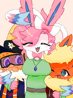 anthro anthrofied belt black_clothing black_hat black_headwear black_nose blonde_hair blue_clothing blue_eyes blue_inner_ear blue_topwear blush bodily_fluids clothed clothing eyelashes eyes_closed fully_clothed fur gloves green_clothing green_topwear hair handwear hat headgear headwear hoodie hug jewelry looking_at_another necklace one_eye_closed open_mouth orange_body orange_clothing orange_ears orange_fur orange_topwear pink_ears pink_hair pokemorph purple_eyes red_clothing sweat topwear white_body white_fur yellow_body yellow_ears yellow_fur xammyxx nintendo pokemon fan_character eeveelution flareon generation_1_pokemon generation_6_pokemon jolteon pokemon_(species) sylveon 2026 3:4 digital_media_(artwork) hi_res ibispaint_(artwork) shaded signature watermark sibling_(lore) sister_(lore) sisters_(lore)