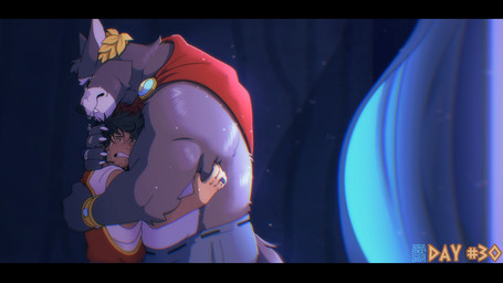 anthro armlet black_hair black_nose bodily_fluids bottomwear bracelet brooch cape claws clothing crying curtains duo facial_hair finger_claws fur grey_body grey_fur hair hug jewelry male muscular pants piercing ring robe shirtless size_difference tears wreath soradezwolfox adastra adastra_(series) echo_project amicus_(adastra) marco_(adastra) canid canine canis human mammal wolf 2024 hi_res