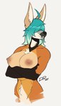 anthro areola big_breasts black_markings black_nose blue_hair breasts brown_areola brown_nipples chest_tuft crossed_arms female fur gloves_(marking) hair long_hair markings multicolored_body multicolored_fur multicolored_hair nipples nude obscured_eyes orange_body orange_fur simple_background smile solo tan_body tan_ears tan_fur teeth tuft two_tone_hair white_background white_markings conditional_dnp drakeraynier edie_(zeekzag) canid canine mammal maned_wolf 2021 digital_media_(artwork) half-length_portrait hi_res portrait signature