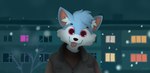 anthro blue_body blue_fur building clothing detailed_background dipstick_tail fluffy fur happy male markings pink_eyes pink_tail_tip snowfall solo tail tail_markings tongue winter alexumka umkashka canid canine canis domestic_cat domestic_dog felid feline felis fox mammal hi_res wallpaper