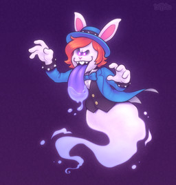 anthro blue_clothing blue_hat blue_headwear bow_tie clothing female floating glowing glowing_eyes hair hat headgear headwear purple_background purple_tongue red_hair short_hair simple_background smile solo tongue tongue_out white_body keffotin ghost lagomorph leporid mammal rabbit spirit 2021 digital_media_(artwork) hi_res