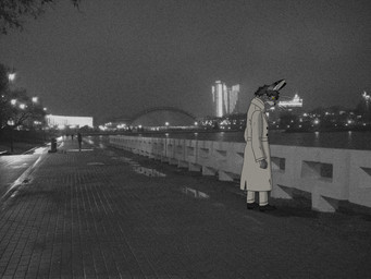 anthro big_ears clothing coat fur grey_body grey_fur looking_down male photo_background solo standing topwear whiskers yellow_eyes r0hcp char_(r0hcp) felid feline mammal serval absurd_res digital_drawing_(artwork) digital_media_(artwork) hi_res photography_(artwork)