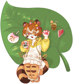 anthro beverage biped bird's-eye_view bodily_fluids brown_body brown_ear_tips brown_fur brown_hair clothed clothing controller countershade_face countershade_fur countershade_hands countershade_legs countershade_neck countershade_torso countershading dipstick_ears drawstring_hoodie ear_markings eyewear female food fruit fully_clothed fur glasses hair hand_fan high-angle_view highlights_(coloring) hoodie leaf lying melon multicolored_ears multicolored_eyes on_back one_eye_closed open_clothing open_hoodie open_topwear pawpads pink_pawpads plant remote_control simple_background solo stripes sweat tail topwear two_tone_eyes watermelon watermelon_slice white_background white_highlights unknown_artist potatotanuki_(potatoximon) canid canine mammal raccoon_dog tanuki 2023 chinese_description colored hi_res