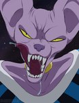 anthro bodily_fluids hairless looking_at_viewer male mouth_shot open_mouth purple_body saliva solo teeth yellow_eyes conditional_dnp wolftacos dragon_ball dragon_ball_super beerus domestic_cat felid feline felis hairless_cat mammal absurd_res cel_shading hi_res shaded