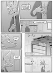 absurd_res anthro black_and_white braun_(kifyun2) building canid canine clothed clothing comic cybernetics dialogue ear_piercing emily_braun(undying_void) english_text female fox group hi_res inner_ear_fluff kifyun2 machine male mammal monochrome notes piercing simple_background speech_bubble tatsuo_kimura text trio tuft whistling