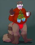 2017 anthro black_nose bravo brown_body brown_fur bulge christmas christmas_tree clothing container cup fur hi_res holidays humanoid_hands jockstrap male mammal overweight overweight_male plant procyonid raccoon solo sweater topwear tree underwear white_body white_fur