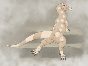 3_toes animal_genitalia band_(marking) circle_(marking) cloaca dewclaw earless fangs feet female feral flower flower_on_head foot_focus genitals looking_at_viewer markings pawpads plant presenting presenting_cloaca presenting_vulva raised_tail rear_view red_eyes scales simple_background sitting solo tail tan_background tan_body tan_scales teeth toes vertical_cloaca vulva ferocious_ferals dahlilia_(ferocious_ferals) baryonyx dinosaur prehistoric_species reptile saurischian scalie spinosaurid theropod 2026 absurd_res hi_res signature