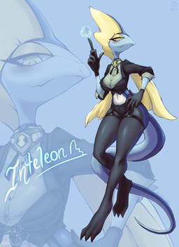 anthro bottomwear breasts clothing female finger_gun gesture hand_gesture hotpants minishorts omnitrix pokemon_move shorts snipe_shot solo tail shoko_steff ben_10 cartoon_network nintendo pokemon den10 fan_character generation_8_pokemon inteleon pokemon_(species) absurd_res hi_res