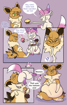 abdominal_bulge ambiguous_gender blush blush_lines cupcake dialogue duo eyewear feeding feeding_partner feral food glasses leaning leaning_backward licking licking_lips oral_vore plate ribbons_(anatomy) same_size_vore soft_vore speech_bubble tongue tongue_out vore eclairscollection nintendo pokemon eeveelution generation_1_pokemon generation_6_pokemon jolteon pokemon_(species) sylveon comic hi_res