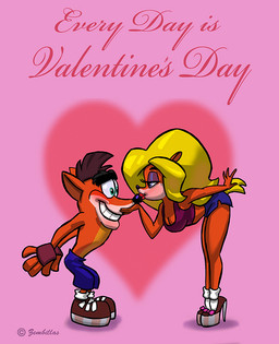 anthro anthro_on_anthro bottomwear breasts brown_body clothing duo female fingerless_gloves footwear gloves green_eyes green_hair hair handwear high_heels holidays kissing male male/female pink_background shoes shorts simple_background smile socks text charles_zembillas activision crash_bandicoot_(series) valentine's_day crash_bandicoot tawna_bandicoot bandicoot mammal marsupial 2023 english_text
