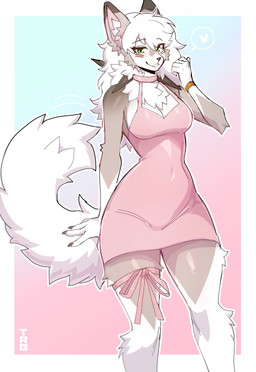 anthro biped blush breasts claws clothed clothed_anthro clothed_female clothing dress female fingers fur hair looking_at_viewer pokemorph simple_background solo tail teeth thericegoat nintendo pokemon generation_7_pokemon lycanroc midday_lycanroc pokemon_(species) hi_res