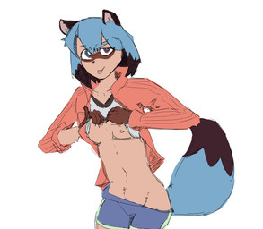 anthro blep blue_bottomwear blue_clothing blue_hair blue_shorts blue_tail bottomwear bottomwear_down breasts clothed clothing clothing_lift dark_ears dipstick_hair dipstick_tail facial_markings female flashing flashing_breasts gloves_(marking) hair head_markings jacket markings mask_(marking) multicolored_eyes navel nipples no_underwear open_clothing open_jacket open_topwear pants pants_down partially_clothed pointy_ears presenting presenting_breasts prick_ears red_clothing red_jacket red_topwear shorts slim smug_expression smug_eyes smug_grin solo tail tail_markings tongue tongue_out topwear dextrose_(artist) brand_new_animal studio_trigger michiru_kagemori canid canine mammal raccoon_dog tanuki absurd_res colored_sketch hi_res sketch