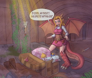 belt blonde_hair bottle bottomwear claws clothing collar_shirt confusion container corset diaper diaper_package dirt dragon_tail dragon_wings dungeon female green_eyes hair horn leather leather_clothing leather_corset leather_lingerie leather_topwear light light_beam lingerie lock melee_weapon membrane_(anatomy) membranous_wings moss open_mouth pacifier plant pointy_ears rock rubble skirt solo speech_bubble spikes spikes_(anatomy) spurs_(anatomy) stone_floor stone_wall sunbeam sunlight sword text toe_claws tooth_necklace topwear torch treasure_chest wall_(structure) weapon wing_spikes wings wooden_beam atreyatan mythology amber_(atreyatan) animal_humanoid dragon dragon_humanoid humanoid mythological_creature mythological_scalie scalie absurd_res english_text hi_res