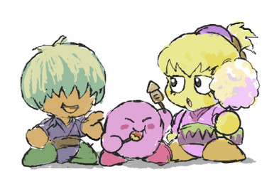 ambiguous_gender asian_clothing blonde_hair blush blush_stickers candy clothing cotton_candy dessert east_asian_clothing eating female food hair hair_over_eyes japanese_clothing looking_at_another male multicolored_hair not_furry open_mouth orange_body pink_body simple_background takoyaki white_background yellow_body young young_ambiguous young_female young_humanoid young_male yukata utyuunekome kirby:_right_back_at_ya! kirby_(series) nintendo kirby tiff_(kirby) tuff_(kirby) alien alien_humanoid humanoid waddling_head japanese_description low_res brother_(lore) brother_and_sister_(lore) sibling_(lore) sister_(lore)