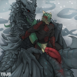 animal_genitalia anthro anthro_on_feral anus bestiality black_body black_scales blue_eyes bottomwear clothed clothing dark_brotherhood duo erection feral fully_clothed genital_slit genitals green_body grin horn long_neck looking_pleasured male male/male male_on_feral open_bottomwear open_clothing open_pants pants penetration penile penile_penetration penis penis_in_penis pupils red_eyes scales sex size_difference slit_pupils smile snow straddling tan_body urethral urethral_penetration vein veiny_penis conditional_dnp tojo_the_thief bethesda_game_studios european_mythology microsoft mythology skyrim the_elder_scrolls alduin argonian dragon mythological_creature mythological_scalie scalie western_dragon wyvern 1:1 2026 hi_res signature