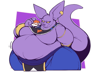 anthro belly big_belly clothed clothing food male moobs obese obese_anthro obese_male overweight overweight_anthro overweight_male purple_body solo tail thick_tail thick_thighs wide_hips yellow_sclera boot_(artist) dragon_ball dragon_ball_super beerus domestic_cat felid feline felis mammal aliasing digital_media_(artwork)