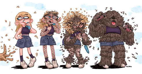 allergy anthro blonde_hair blue_eyes bottomwear clothing dark_body dark_fur female footwear four_frame_sequence fur hair human_to_anthro long_fur obscured_eyes shoes shorts sneeze solo species_transformation standing transformation transformation_sequence bubbalossom canid canine canis domestic_dog human mammal puli hi_res