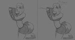 anthro big_breasts bra breasts burrito clothed clothing eating female food simple_background sports_bra tail text underwear wintermadness trish_(winter) mammal procyonid raccoon 2024 absurd_res hi_res monochrome