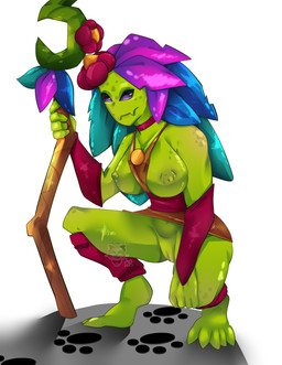 barefoot bottomwear breasts choker claws clothed clothing crouching feet female footprint genitals green_body holding_object jewelry leaf leaf_hair legwear looking_at_viewer necklace nipples partially_clothed pawprint plant plant_hair pseudo_hair purple_eyes simple_background smile solo staff topwear upskirt vulva bubblepop2001 chucklefish starbound nuru_(starbound) elemental_creature elemental_humanoid flora_fauna floran humanoid plant_humanoid video_games 2023 absurd_res hi_res
