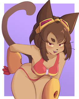 anthro bikini breasts brown_body brown_hair clothing collarbone eyebrows eyelashes eyewear eyewear_on_head female goggles goggles_on_head hair leaning leaning_forward magenta_eyes navel open_mouth solo swimwear two-piece_swimsuit whiskers wide_hips yellow_sclera meiki_zero gameoverse glitch_productions kit_bodega domestic_cat felid feline felis mammal 2026 absurd_res hi_res