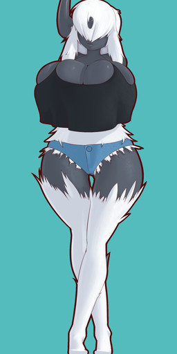 anthro anthrofied big_breasts blue_background bottomwear breasts cleavage clothed clothing female hair hair_over_eyes huge_breasts pokemorph shorts simple_background solo thigh_gap white_hair dibujosv12 nintendo pokemon absol generation_3_pokemon pokemon_(species) 2021 absurd_res character_request digital_media_(artwork) hi_res