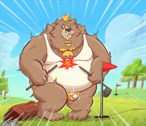anthro ballbusting brown_body brown_fur bulge clothing cock_and_ball_torture detailed_background fur genital_torture golf golf_ball golf_club jockstrap male outside overweight overweight_male plant shirt solo sport standing tongue tongue_out topwear tree underwear 06junior11 bear mammal 2025 absurd_res hi_res