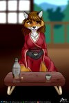 alcohol anthro asian_clothing beverage blurred_background brown_hair chashitsu chest_tuft clothing container cork cup east_asian_clothing eyelashes eyelashes_through_hair fangs female fluffy_chest freckles furniture hair happy holding_beverage holding_object japanese_clothing jewelry kimono kneeling looking_at_viewer necklace open_mouth orange_eyes pendant red_hair rice_wine robe sake sharp_teeth sitting solo stoneware table tea_room teeth text translucent translucent_hair tuft aistarin jodi_(aistarin) canid canine fox mammal red_fox true_fox 2:3 absurd_res hi_res url