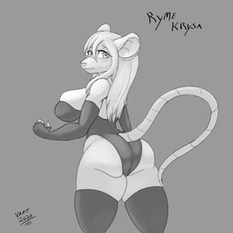 anthro armwear big_breasts breasts butt clothing elbow_gloves female fingerless_gloves gloves hair handwear huge_breasts legwear leotard looking_back solo text thigh_highs year vant_talon ryme_krysa mammal mouse murid murine rodent 1:1 2020 absurd_res character_name greyscale hi_res monochrome