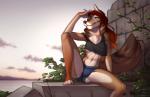 2017 4_toes anthro barefoot biped blue_eyes breasts brown_body brown_fur canid canine canis clothed clothing coyote day detailed_background digital_media_(artwork) feet female fur hair mammal midriff navel outside sitting skimpy smile solo spefides spread_legs spreading toes under_boob