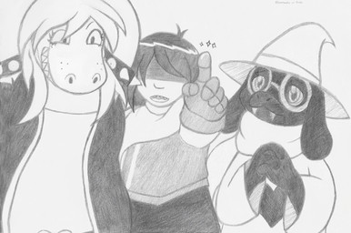 ambiguous_gender anthro armband armor black_body black_fur clothed clothing eyewear female freckled_face freckles fur gesture glasses group hair hand_gesture hat headgear headwear male open_mouth pointing scarf smile teeth trio lunarpanda8686 deltarune undertale_(series) kris_dreemurr ralsei susie_(deltarune) bovid caprine goat human mammal reptile scalie graphite_(artwork) hi_res traditional_media_(artwork)