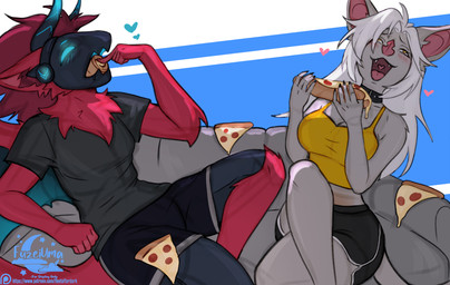 anthro biped bottomwear breasts clothed clothed_anthro clothed_female clothed_male clothing collar duo eating female fingers front_view fully_clothed fully_clothed_anthro fully_clothed_female fully_clothed_male fur hair machine male sitting smile tail teeth tongue topwear wings fleet-foot verelle bat mammal protogen 2025 digital_drawing_(artwork) digital_media_(artwork)
