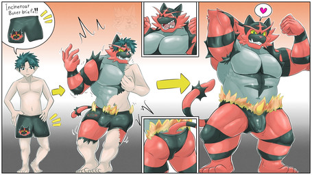 abs anthro armpit_hair big_muscles big_pecs black_clothing black_underwear body_hair body_size_growth boxer_briefs boxer_briefs_only bulge burning butt claws clothed clothing detailed_bulge erection fire flexing flexing_bicep fur fur_growth genital_outline green_eyes grin growth heart_symbol huge_muscles human_to_anthro male markings multi_frame_sequence muscle_growth muscular muscular_anthro muscular_male muscular_thighs pec_expansion pecs penis_outline red_body sharp_teeth size_transformation smile snout snout_growth solo species_transformation stripes tail tail_growth teeth tenting text tight_clothing topless transformation transformation_sequence transformative_clothing transformed_clothing underwear underwear_only yellow_sclera ichigatsu_5 nintendo pokemon felid feline generation_7_pokemon human incineroar mammal pantherine pokemon_(species) tiger 16:9 2026 digital_drawing_(artwork) digital_media_(artwork) english_text sequence widescreen