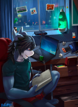 alarm_clock anthro blue_body blue_fur book bottomwear bulge cellphone chair city city_background cityscape claws clock clothing computer curtains desk drawer electronics feet fingers fur furniture green_clothing green_shirt green_topwear headphones lamp laptop lava_lamp male office_chair phone reading reading_book red_bottomwear red_clothing red_shorts shirt shorts sitting smartphone solo table tail toes topwear window bakemonoy nintendo nintendo_switch absurd_res hi_res