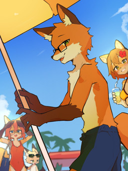 5_fingers anthro beach beach_umbrella biped blonde_hair blue_eyes blush blush_lines brown_body brown_fur clothing eyewear female fingers fur glasses green_eyes group hair male one-piece_swimsuit orange_body orange_fur orange_hair outside parasol red_one-piece_swimsuit swimwear tan_body tan_fur yellow_body yellow_eyes yellow_fur lilkon rin_(lilkon) yumi_(lilkon) canid canine canis domestic_dog fox mammal 2026 absurd_res hi_res