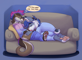 animal_genitalia anthro anthro_on_anthro anthro_penetrated anthro_penetrating anthro_penetrating_anthro balls blue_eyes blue_hair bodily_fluids bottomwear bottomwear_down brown_body brown_fur clothed clothing duo eyes_closed fellatio fur furniture genitals grey_body grey_fur hair hand_holding hand_in_hair lying male male/male oral pajama_pants pajama_shirt pajamas pants pants_down partially_clothed pawpads penetration penile penile_penetration penis penis_in_mouth pink_hair pink_pawpads purple_hair saliva sex sheath simple_background sofa sofa_sex speech_bubble tan_body tan_fur text touching_hair tuft whiskers white_body white_fur orlandofox jojo_(blindcoyote) maxwell_(maxwelllynx) felid feline lynx mammal mustelid musteline otter english_text hi_res