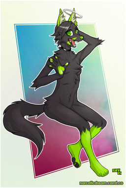 4_toes 5_fingers anthro biped black_body black_fur black_pawpads breasts cheek_tuft chest_tuft claws collar collar_only crossed_legs facial_tuft fangs feet female female_anthro finger_claws fingerpads fingers fur geometric_background green_eyes green_pawpads halo humanoid_hands inner_ear_fluff naturally_censored navel nude nude_anthro nude_female open_mouth pawpads paws plantigrade plantigrade_pawpads simple_background sitting solo tail teeth text three-quarter_view toes tuft narcoticdream canid canine canis domestic_dog mammal 2021 dated digital_media_(artwork) hi_res url