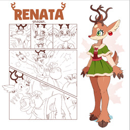 anthro antlers blep blush brown_body brown_fur clothing eyelashes female fur green_eyes horn inner_ear_fluff solo tan_body tan_fur text tongue tongue_out tuft drawligator renata_(drawligator) deer mammal new_world_deer reindeer 1:1 2025 english_text hi_res