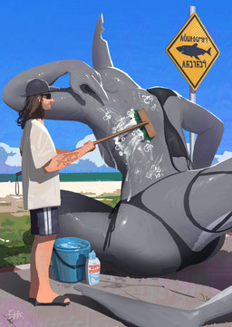 anthro baseball_cap beach body_hair bottomwear broom bucket butt cleaning cleaning_tool clothed clothing container day duo earless female female_anthro female_on_human fin furgonomic_bottomwear furgonomics gesture grey_body grey_skin hand_gesture hat head_fin headgear headwear human_on_anthro interspecies larger_anthro larger_female leg_hair male male/female male_human male_on_anthro notched_fin pointing rear_view seaside shirt shorts size_difference sky smaller_human smaller_male soap soap_bubbles suds t-shirt tail tail_fin tattoo thick_tail topless topless_anthro topless_female topwear warning_sign washing_partner water wearing_sunglasses white_clothing white_shirt white_topwear el-k brea_(el-k) fish human mammal marine shark absurd_res hi_res