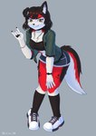 anthro bottomwear brown_eyes brown_hair clock clothing female footwear fur green_clothing green_jacket green_topwear hair jacket jewelry multicolored_body multicolored_fur necklace shoes shorts solo topwear watch call_me_ink canid canine mammal absurd_res hi_res