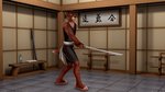 16:9 3d_(artwork) amber_eyes anthro asian barefoot biped black_scabbard black_tsukamaki bodysuit bokken bottle bronze_habaki brown_nose cjk_character clothing container digital_media_(artwork) dimonis_(character) dojo feet felid feline fur hi_res japan japanese_architecture japanese_text katana la_volpe lynx male mammal melee_weapon plantigrade practice_sword red_body red_fur scabbard shirt silver_tsuba skinsuit solo stripes sword tank_top text tight_clothing topwear translation_request water_bottle weapon widescreen